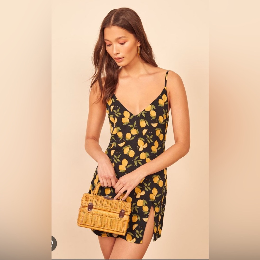 Reformation Marlowe  Black Lemon Print Mini Dress S